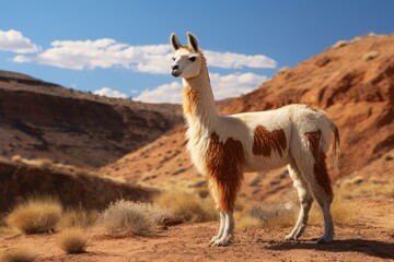 A llama stands calmly amidst the vast expanse of a desert landscape.