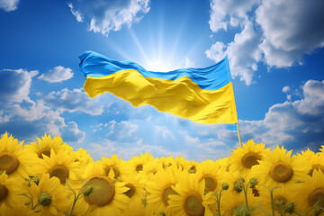 Ukrainian national flag over sunflower agricultural field. Generative AI