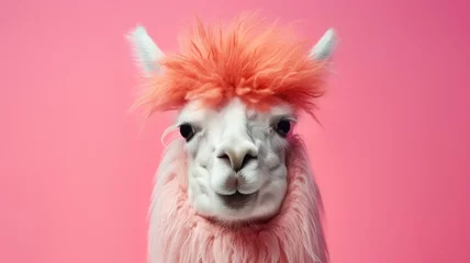 Gordijnen A llama with pink hair stands on a pink background, creating a unique and vibrant image. © pham