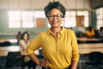 Fototapeta premium A woman confidently stands in a classroom, placing her hands on her hips.