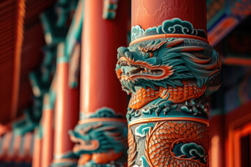 Chinese Huabiao, ceremonial columns with dragon and phoenix motifs, traditional chinese pillar...
