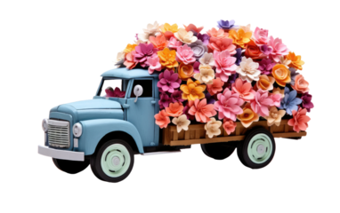 Flower Delivery Fun Truck With Decorative Flowers on White or PNG Transparent Background.