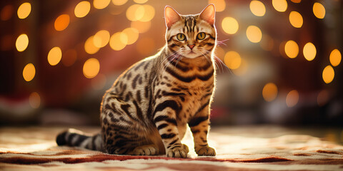 Fototapeta na wymiar Regal Bengal Cat Poses Majestically With Warm Bokeh Lights - Perfect for Pet-Themed Content and Cozy Home Backdrops