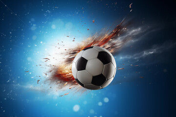 Naklejka premium Soccer ball flying over fiery effect in dramatic sky. Generative AI