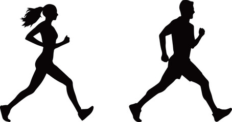 若い男性と女性がジョギングするモノクロのシルエット - obrazy, fototapety, plakaty