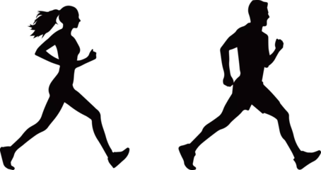 Foto op Plexiglas 若い男性と女性がジョギングするモノクロのシルエット © syoko