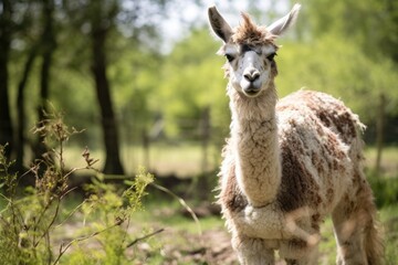 Fototapeta premium A detailed view of a llama standing in a field, surrounded by grass and plants.