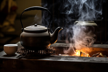 Iron kettle steaming over charcoal fire. Generative AI