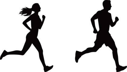 Foto op Plexiglas 若い男性と女性がランニングするモノクロのシルエット © syoko