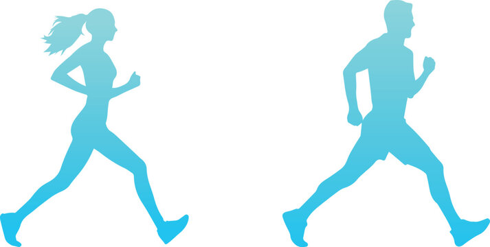 若い男性と女性がジョギングするシルエット（夏のイメージ）