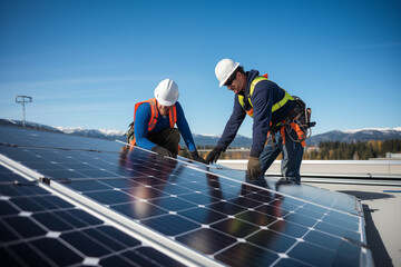 Workers mounting solar panels. Generative AI