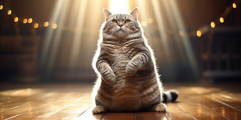 Majestic Tabby Cat Illuminated by Sunbeam Spotlights in a Dramatic Indoor Setting - High-Resolution Image Perfect for Pet Calendars, Wall Art, and Advertising Campaigns