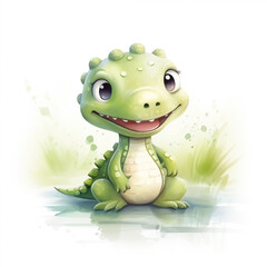 watercolor Little tiny crocodile Isolated on white background, cute crocs