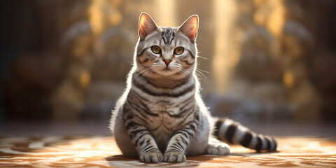 Majestic Domestic Tabby Cat Sitting Elegantly Against Blurred Golden Light Background in High Resolution