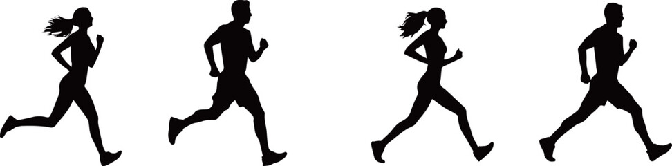 Obraz na płótnie Canvas 歩く・走るの男女のモノクロシルエット