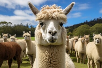 A group of llamas gathered together, quietly standing amidst the lush greenery of a field.