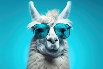A llama coolly gazes at the camera while sporting stylish sunglasses against a vibrant blue background.