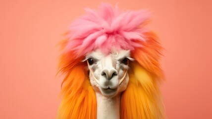 A llama wearing a vibrant and playful wig on its head stands in a field.