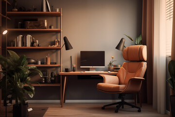 Home office interior with leather armchair, table with computer. Generative AI
