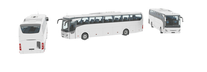 3D rendering PNG aerial top angle view of the bus set with blank surface for mockup branding, coach bus mock-up 3D illustration, front, back, and side view of coach 3D bus isolated on white © 2D