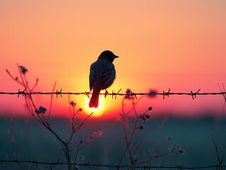 The sharp contrast of coiled barbed wire against the clear morning sky, a lone bird sitting - Powered by Adobe