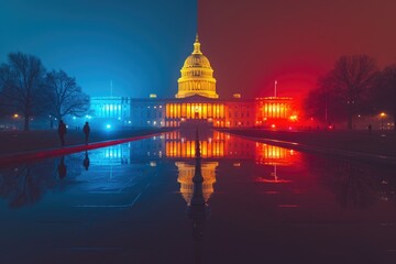 Obraz premium US Capitol building: bathed in dark blue light, symbolizing the Democratic Party, bright red light, representing the Republican Party, symbolizing political division.