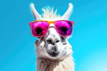 Obraz premium A llama stands against a vibrant blue sky, donning stylish pink sunglasses.