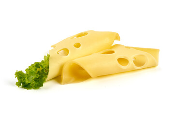 Maasdam cheese slices, isolated on white background. High resolution image.