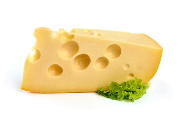 Maasdam cheese triangle, isolated on white background. High resolution image.