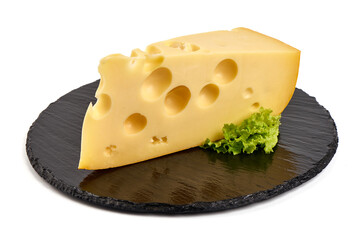 Maasdam cheese block, isolated on white background. High resolution image.