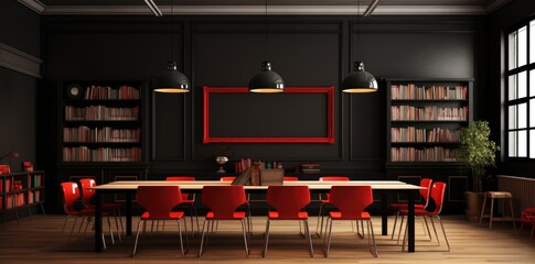 A spacious room featuring a long table surrounded by vibrant red chairs.
