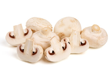 White champignons mushrooms, isolated on white background.
