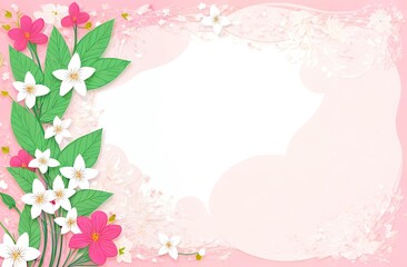 Obraz na płótnie Canvas Holiday greeting card, white and red jasmine flowers and green petals on pink background, space for text highlighted in white in center of illustration