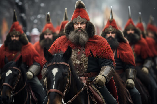 Cossack riders in parade displaying horsemanship. Generative AI