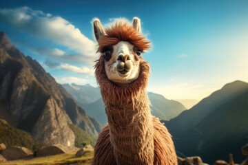 A llama stands on its four legs in the middle of a rocky mountain landscape.