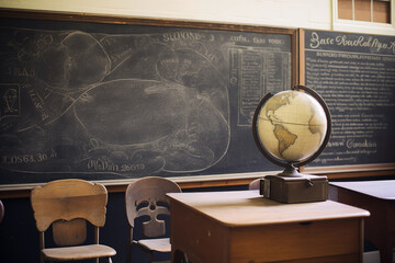 Geography class with chalkboard, books and globe. Generative AI