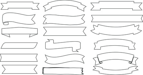 banners, ribbons outline in various shapes Vector illustration, styles. Perfect for product labels, awards, decorations.  Monochromatic, black outlines on white background