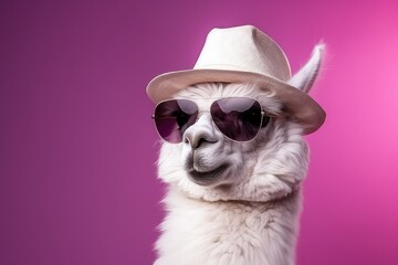 A llama wearing sunglasses and a hat while standing in a field. - obrazy, fototapety, plakaty