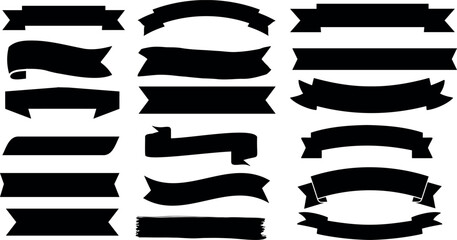 Black banner, ribbon  silhouette vector set. Perfect for title, decoration, design. Editable, customizable. Bold shapes, modern to vintage styles. Straight edged, curved, waved designs