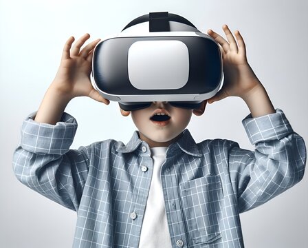 Child wears modern virtual reality glasses on his head