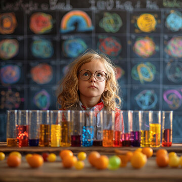 smart little girl with glasses looking up while doing chemistry experiments