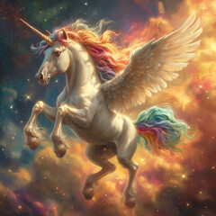white unicorn with colorful hair and tail flying above the stars