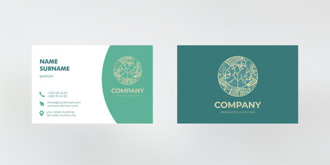 Fototapeta premium Vector business card design with green background and leaf logo, visiting card template, cutaway mockup, calling card ready for printing, identification card with icons for contact information