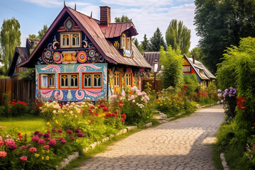 Fototapeta na wymiar Quaint Ukrainian village with traditional wooden houses. Generative AI