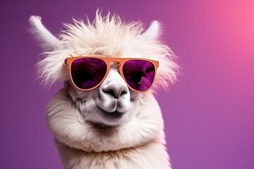 A llama wearing sunglasses poses against a purple background, adding a touch of whimsy to the scene.