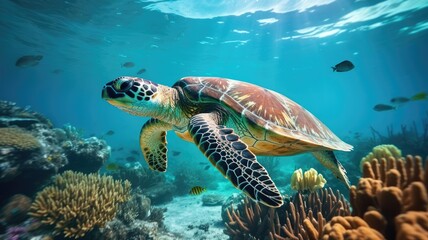 Obraz premium A green turtle gracefully swims over a vibrant coral reef, showcasing the beauty of marine life.