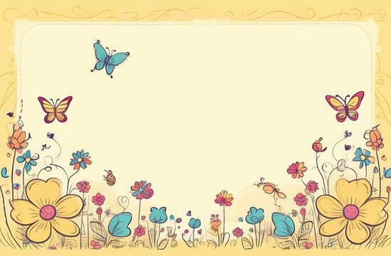 greeting card with wildflowers and colorful butterflies light yellow background, horizontal frame with space for text, a bright and beautiful illustration for various events, copy space