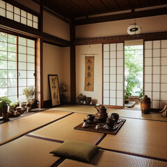 Tea ceremony room with tatami mats. Generative AI