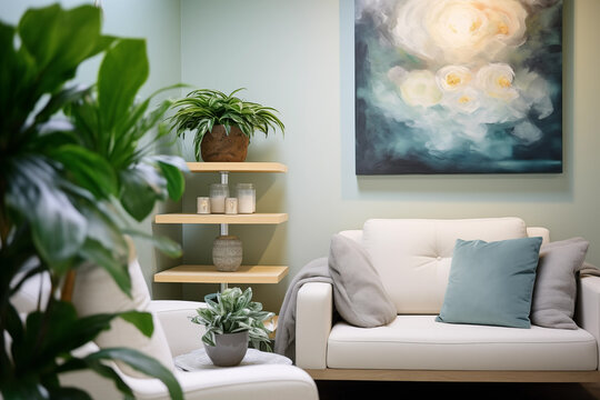 Cozy psychology therapy space with plants and artwork. Generative AI