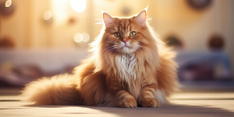 Majestic Fluffy Ginger Cat Lounging in Warm Indoor Light, Perfect for Pet-Themed Projects and Animal Lovers